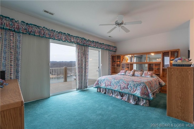 carpeted bedroom featuring ceiling fan and access to exterior