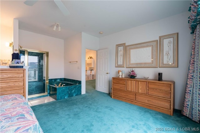 tiled bedroom with access to outside and ceiling fan