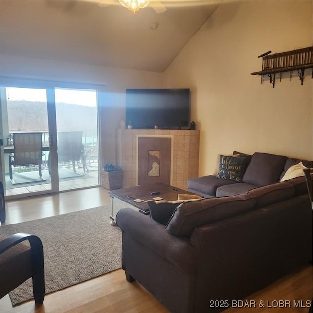 living room featuring a fireplace, vaulted ceiling, and light wood-type flooring