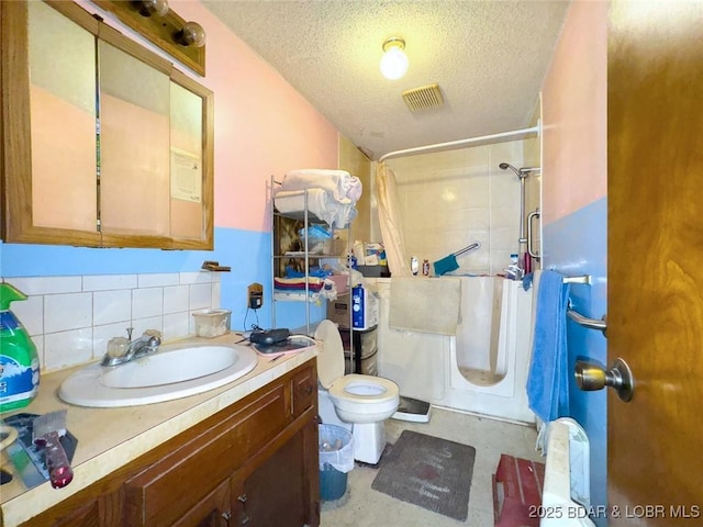 bathroom featuring vanity, decorative backsplash, a textured ceiling, curtained shower, and toilet