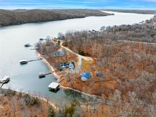 drone / aerial view featuring a water view