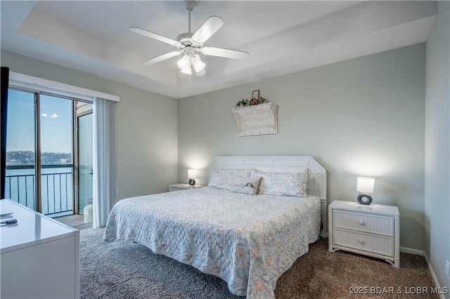 bedroom with a raised ceiling, carpet flooring, access to exterior, and ceiling fan