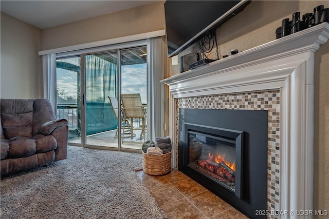 tiled living room with a fireplace