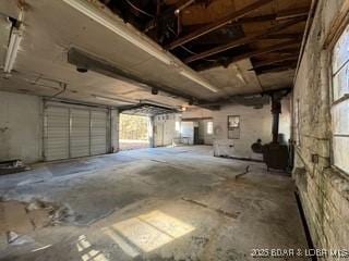 garage featuring a wood stove