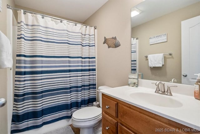 bathroom featuring vanity, toilet, and a shower with shower curtain