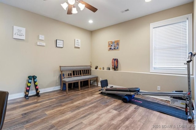 workout room with hardwood / wood-style flooring and ceiling fan