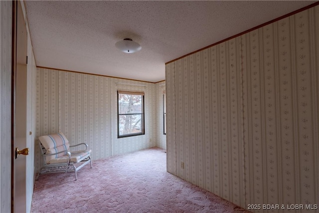 unfurnished room with ornamental molding, carpet floors, and a textured ceiling