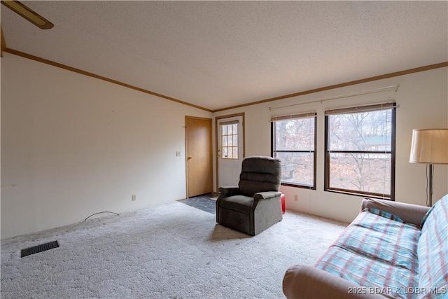 living room with crown molding, light colored carpet, and a textured ceiling