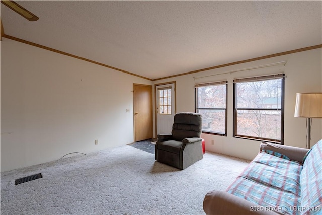 3975 Chelsie Rd, Laurie, MO 65079 - carpeted living room with ornamental molding and a textured ceiling
