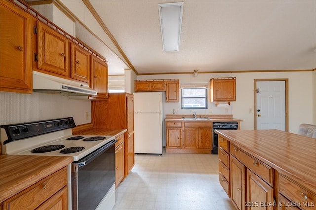 kitchen featuring crown molding, sink, and white appliances