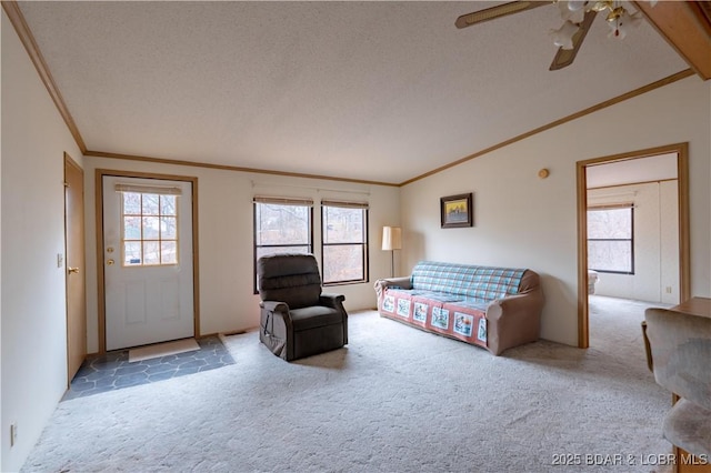 3975 Chelsie Rd, Laurie, MO 65079 - living room featuring carpet flooring, crown molding, ceiling fan, and vaulted ceiling