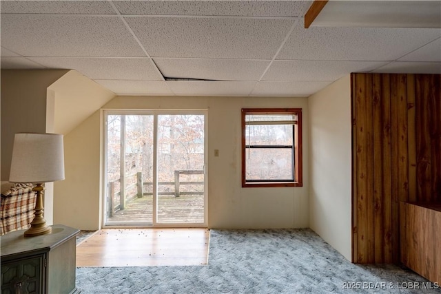 interior space featuring a paneled ceiling and light colored carpet