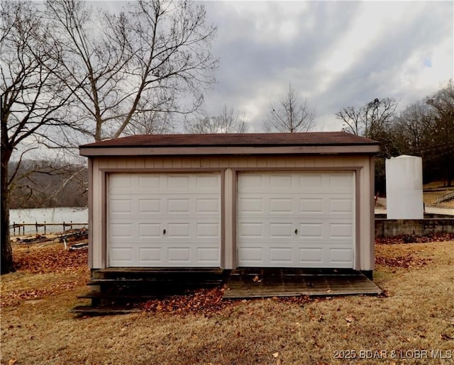 garage with a water view