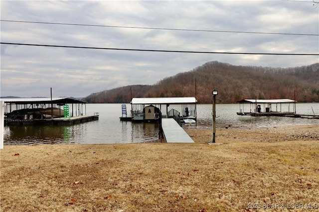 view of dock featuring a water view and a lawn