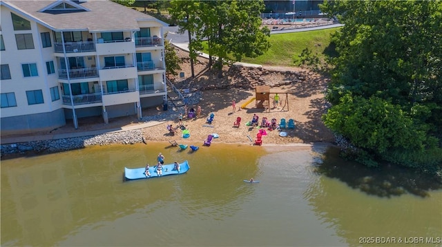 drone / aerial view featuring a water view