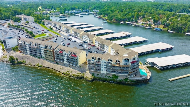 drone / aerial view featuring a water view