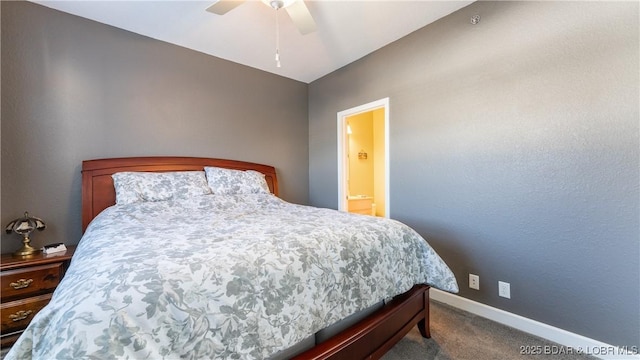 bedroom with connected bathroom, carpet floors, and ceiling fan