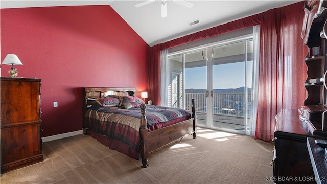 carpeted bedroom with lofted ceiling, access to outside, and ceiling fan