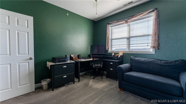 view of carpeted home office