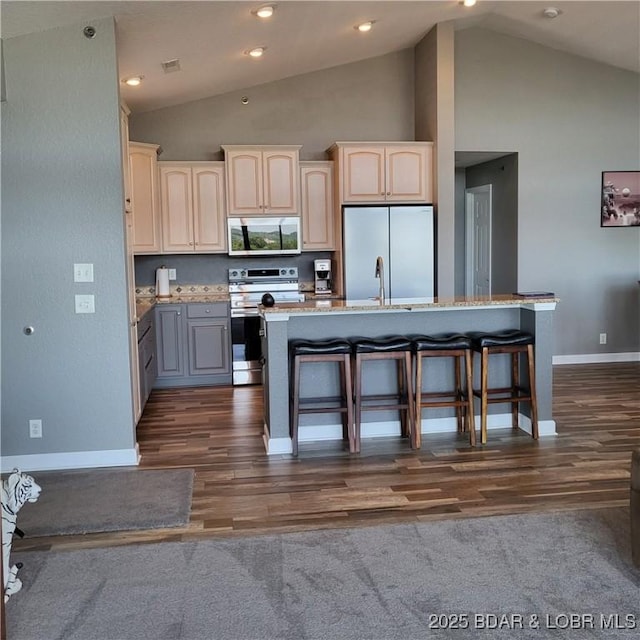 kitchen featuring appliances with stainless steel finishes, light stone countertops, a kitchen island with sink, and a breakfast bar area