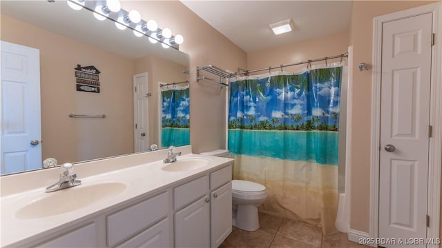 full bathroom with tile patterned flooring, vanity, toilet, and shower / tub combo with curtain