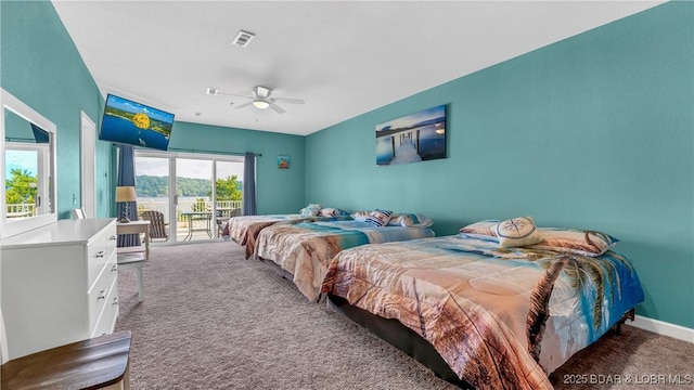 carpeted bedroom featuring access to exterior and ceiling fan