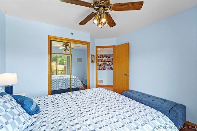 bedroom featuring ceiling fan and a closet