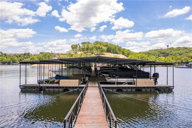 dock area with a water view and boat lift