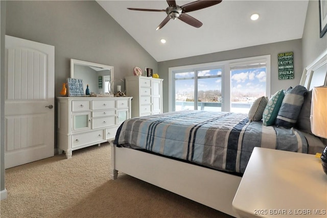 bedroom with lofted ceiling, access to exterior, ceiling fan, and carpet