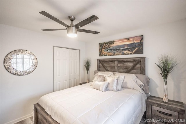 bedroom featuring a closet and ceiling fan