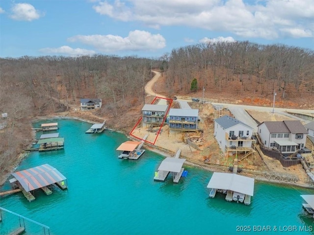 aerial view featuring a water view