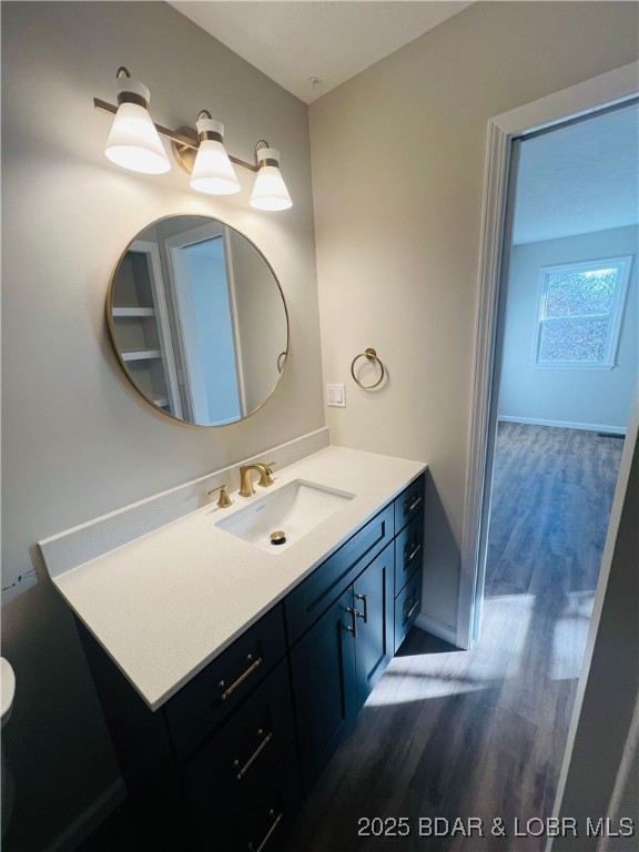 bathroom featuring hardwood / wood-style flooring and vanity