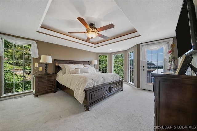 bedroom featuring light carpet, a tray ceiling, access to outside, and a textured ceiling