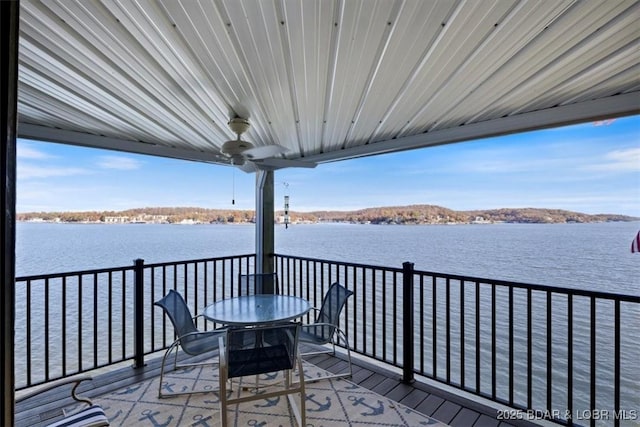 wooden terrace featuring a water view