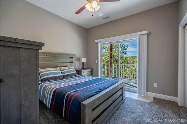 carpeted bedroom featuring ceiling fan and access to exterior