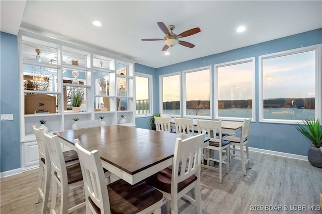 dining space with ceiling fan and light hardwood / wood-style floors