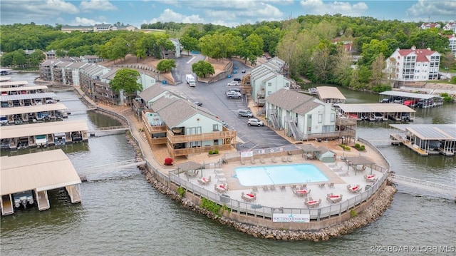 drone / aerial view featuring a water view