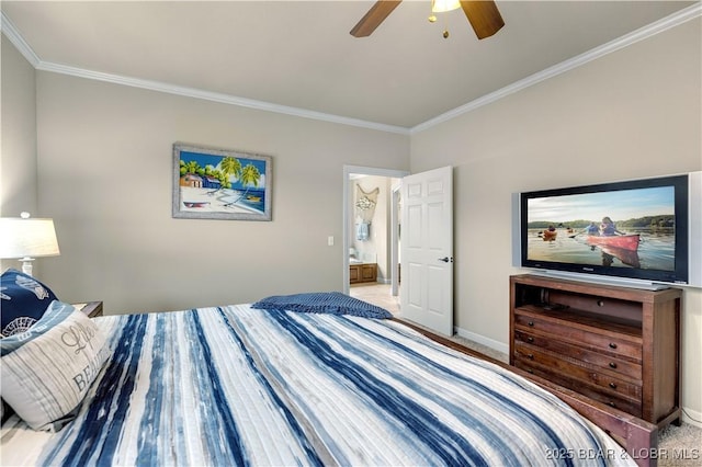 27112 White Horse Cir, Rocky Mount, MO 65072 - bedroom with crown molding, light colored carpet, baseboards, and ceiling fan