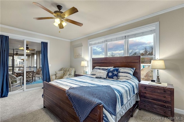 27112 White Horse Cir, Rocky Mount, MO 65072 - carpeted bedroom featuring multiple windows, access to outside, ornamental molding, and ceiling fan