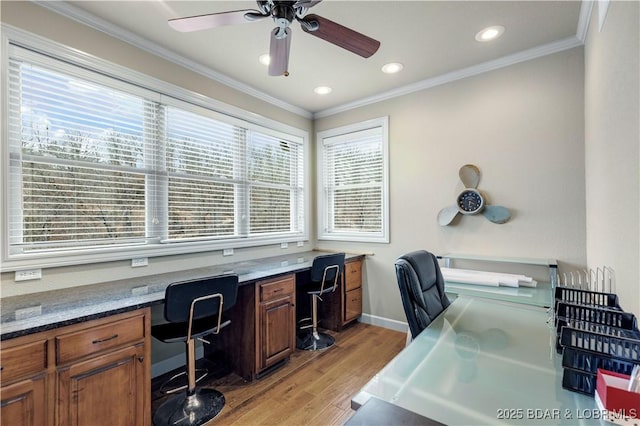 27112 White Horse Cir, Rocky Mount, MO 65072 - office area featuring light wood finished floors, ceiling fan, ornamental molding, baseboards, and recessed lighting