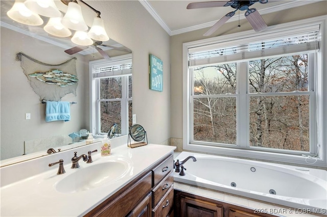 27112 White Horse Cir, Rocky Mount, MO 65072 - bathroom featuring a ceiling fan, a tub with jets, crown molding, and vanity