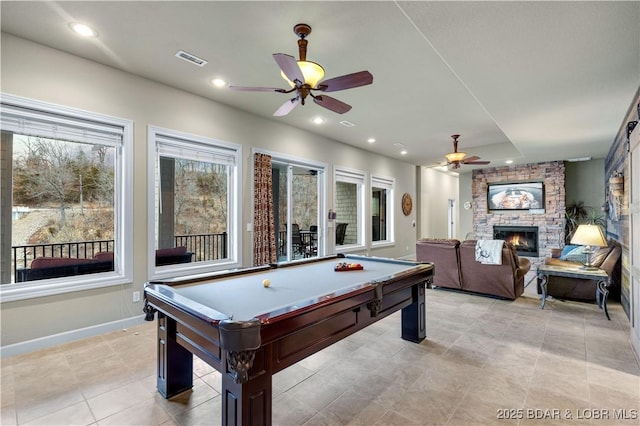 27112 White Horse Cir, Rocky Mount, MO 65072 - recreation room featuring ceiling fan, billiards, a fireplace, baseboards, and recessed lighting