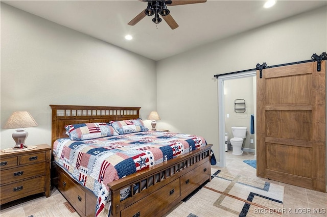 27112 White Horse Cir, Rocky Mount, MO 65072 - bedroom featuring recessed lighting, connected bathroom, a barn door, and ceiling fan
