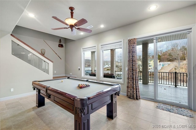 27112 White Horse Cir, Rocky Mount, MO 65072 - recreation room with healthy amount of natural light, billiards table, a ceiling fan, baseboards, and recessed lighting