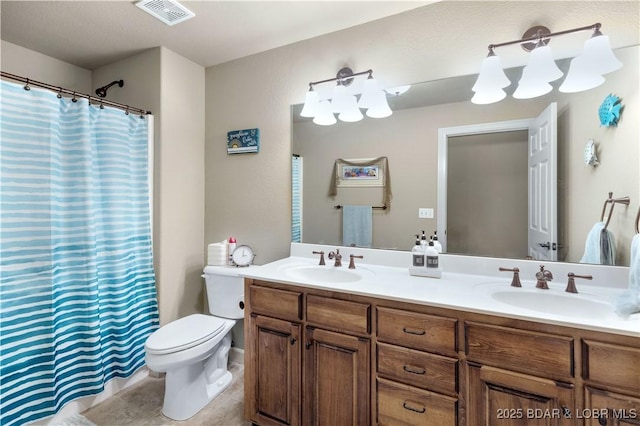 27112 White Horse Cir, Rocky Mount, MO 65072 - bathroom with double vanity, toilet, tile patterned flooring, and a shower with shower curtain