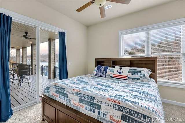 27112 White Horse Cir, Rocky Mount, MO 65072 - bedroom with access to exterior, light colored carpet, baseboards, and a ceiling fan