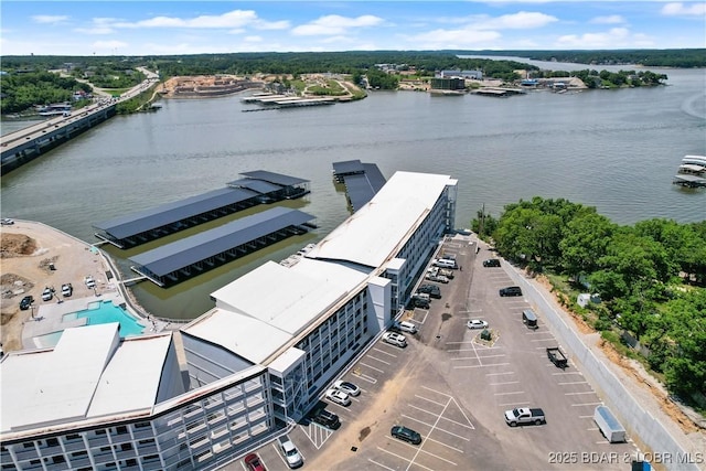 drone / aerial view featuring a water view