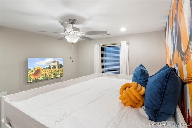 bedroom with a ceiling fan and recessed lighting