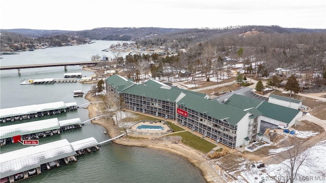 drone / aerial view with a water view