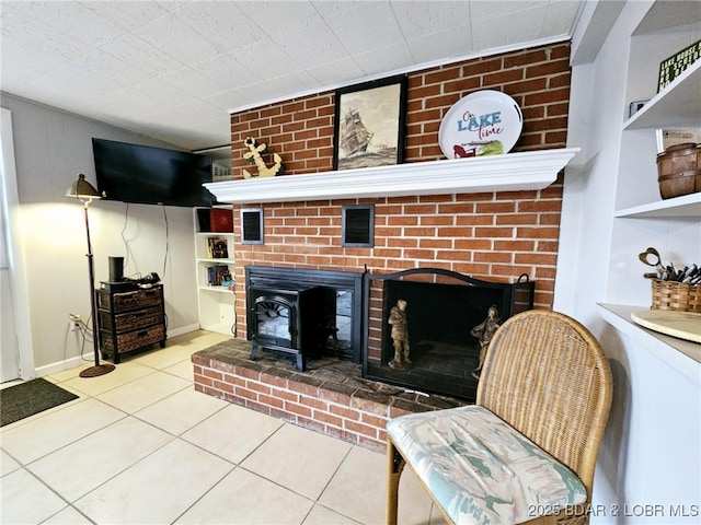 living room featuring tile patterned flooring and built in features